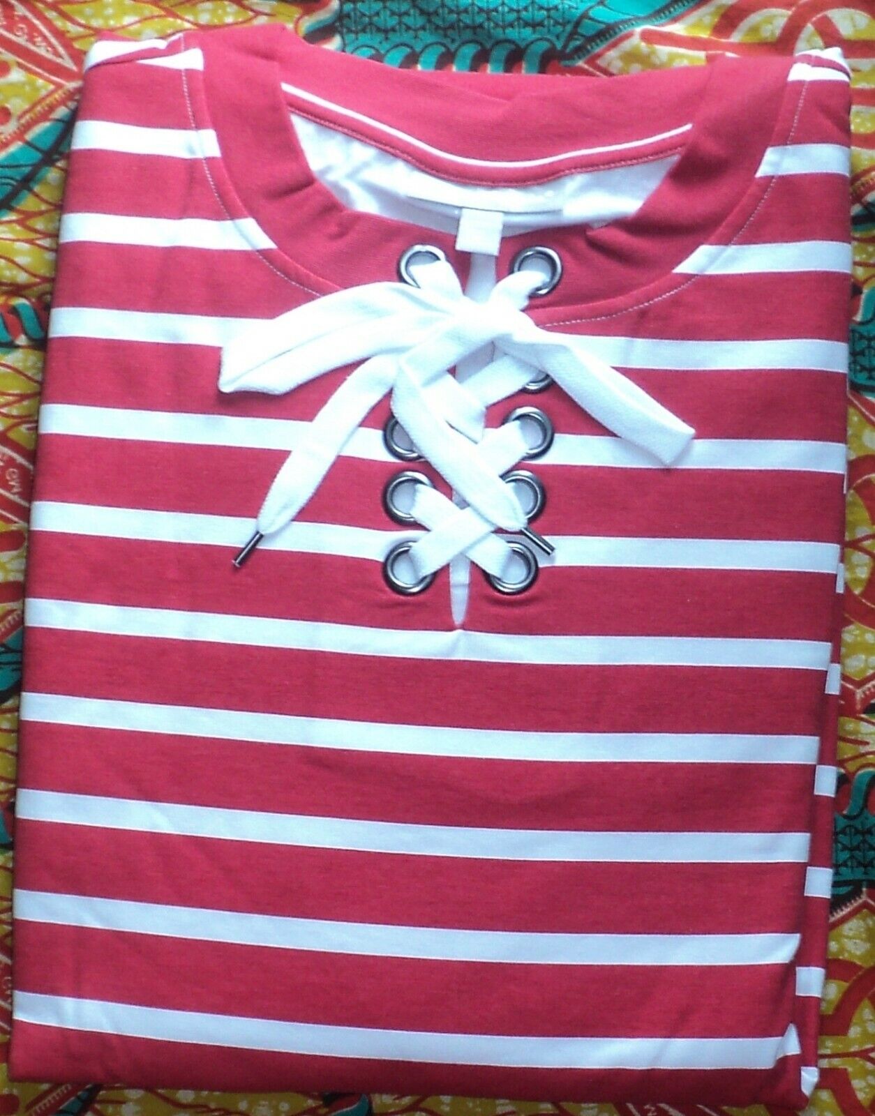 Woman Within Plus Size Vivid Red White Stripe Lace-Up Front Fleece Dress Size L