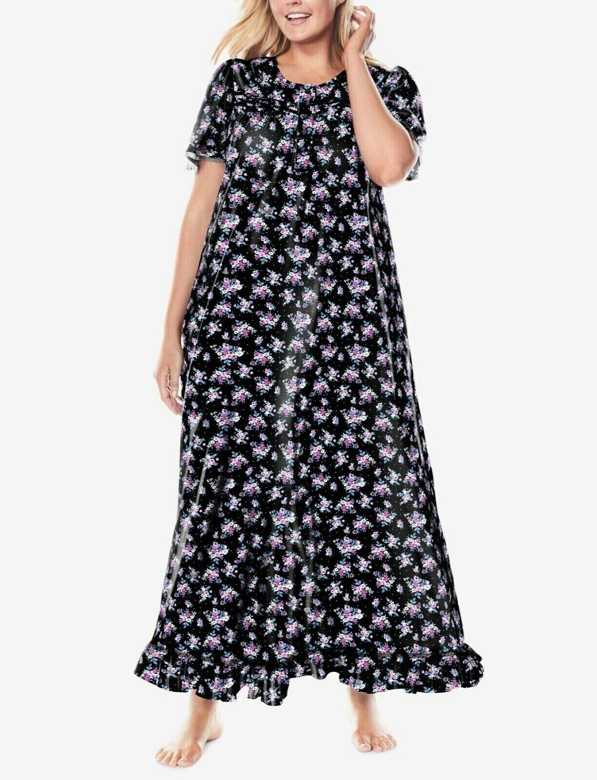 Dreams & Co. Plus Size Petite Black Bouquet Long Cotton Knit Nightgown Size 2X