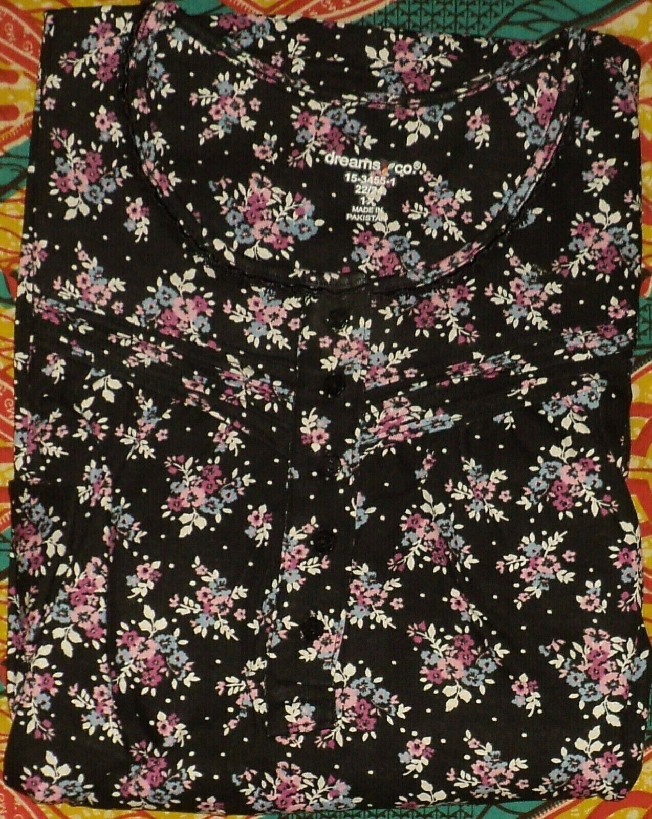 Dreams & Co. Plus Size Petite Black Bouquet Long Cotton Knit Nightgown Size 2X
