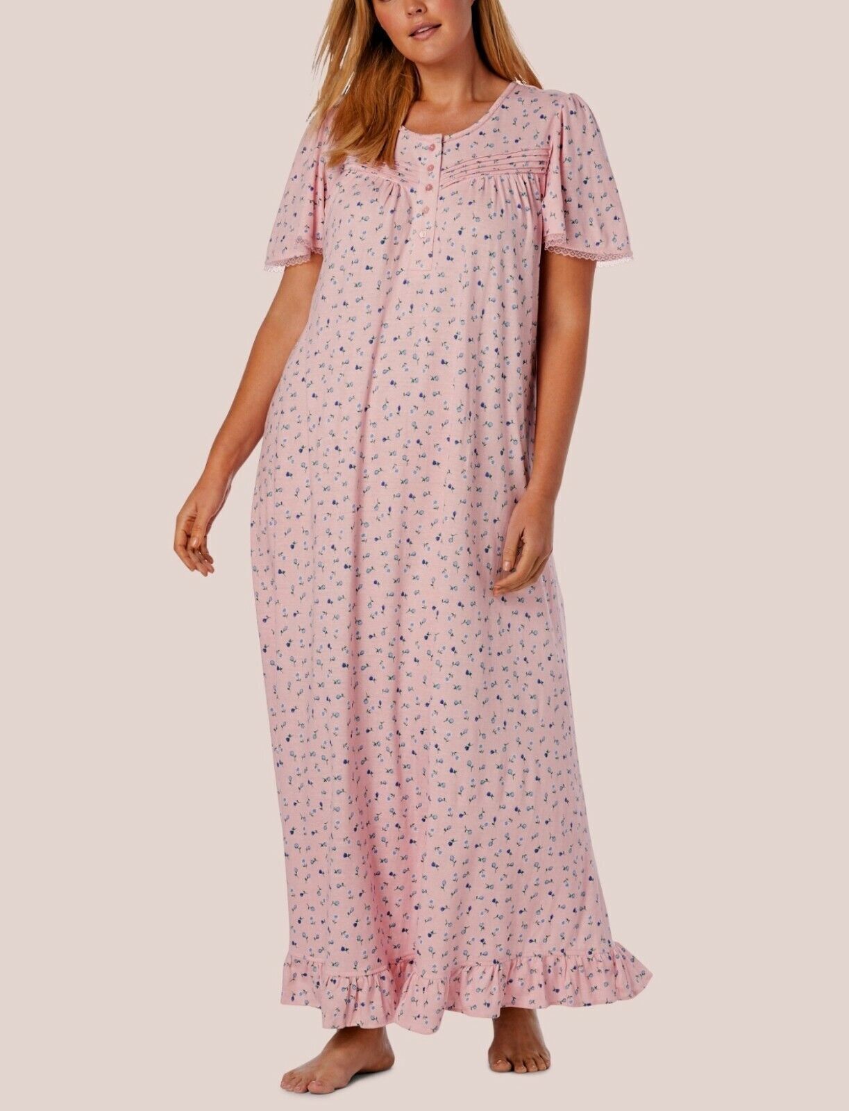 Dreams & Co. Plus Size Petite Pink Ditsy Long Cotton Knit Nightgown Size 4X