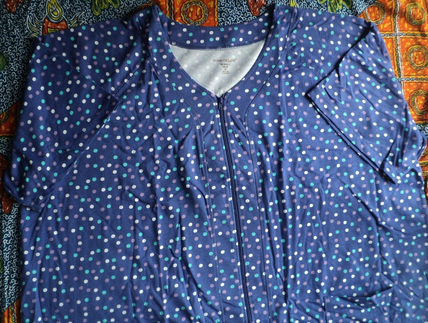 Dreams & Co. Plus Size Ultra Blue Multi Short Sleeves Long Zip-Front Robe Sz 5X