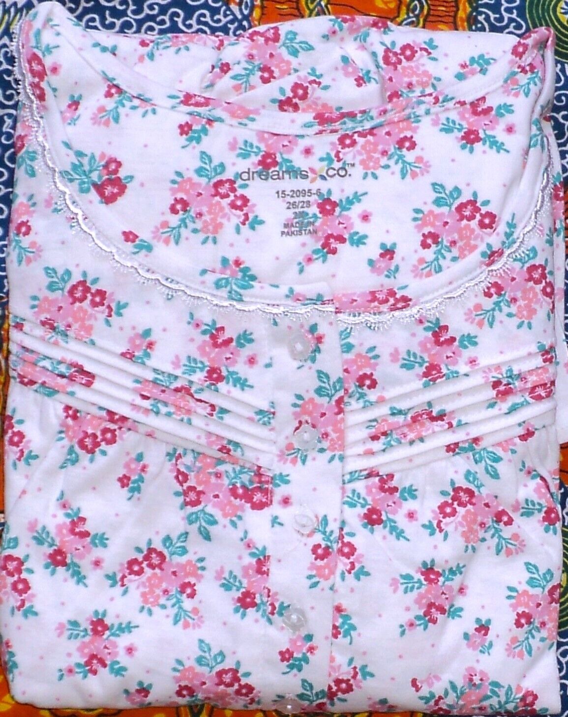 Dreams & Co. Plus Size White Multi Long Cotton Knit Nightgown Size 2X(26/28)