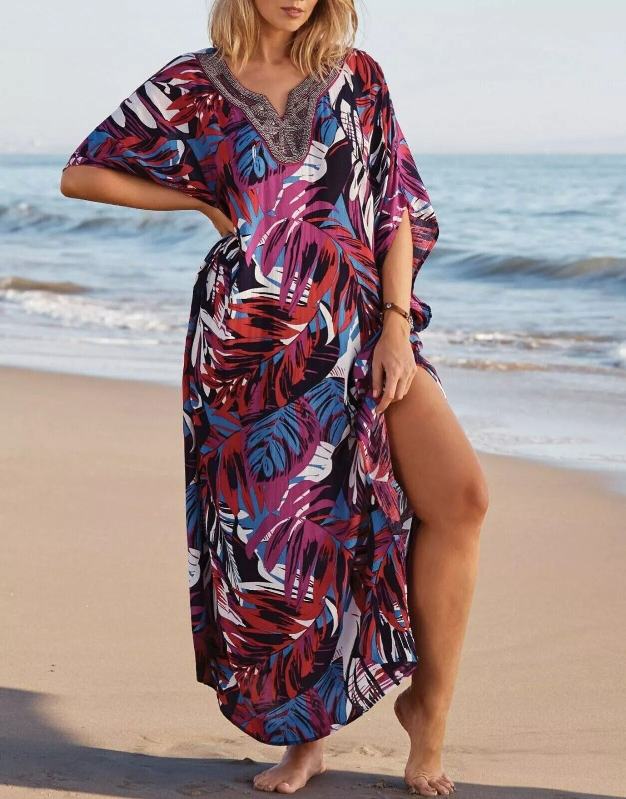 Swimsuits For All Plus Size Pink Floral Long Embroidered Caftan Cover Up 22/24