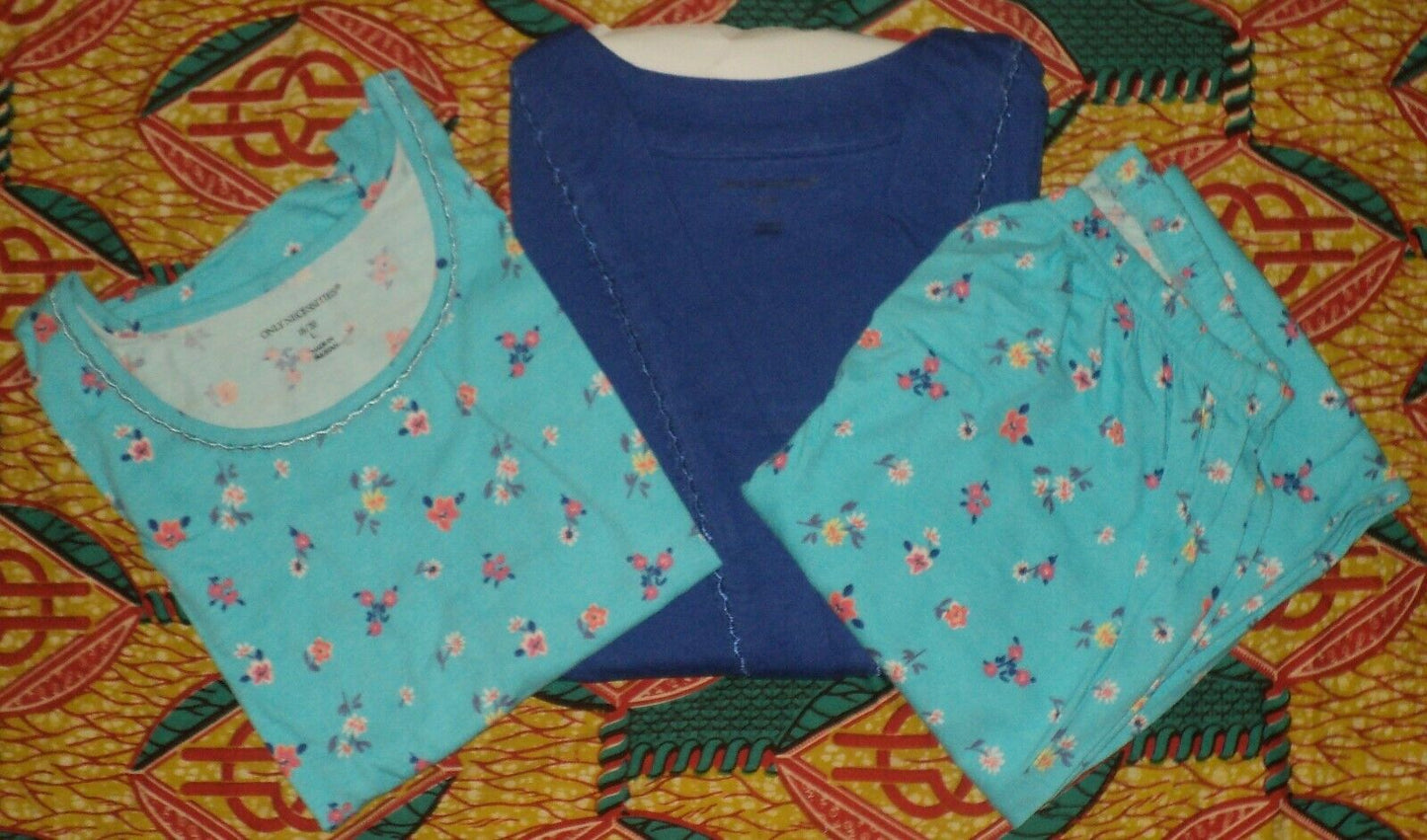 Only Necessities Plus Size Bright Aqua Flowers 3-piece Cotton Pajama Set Size L