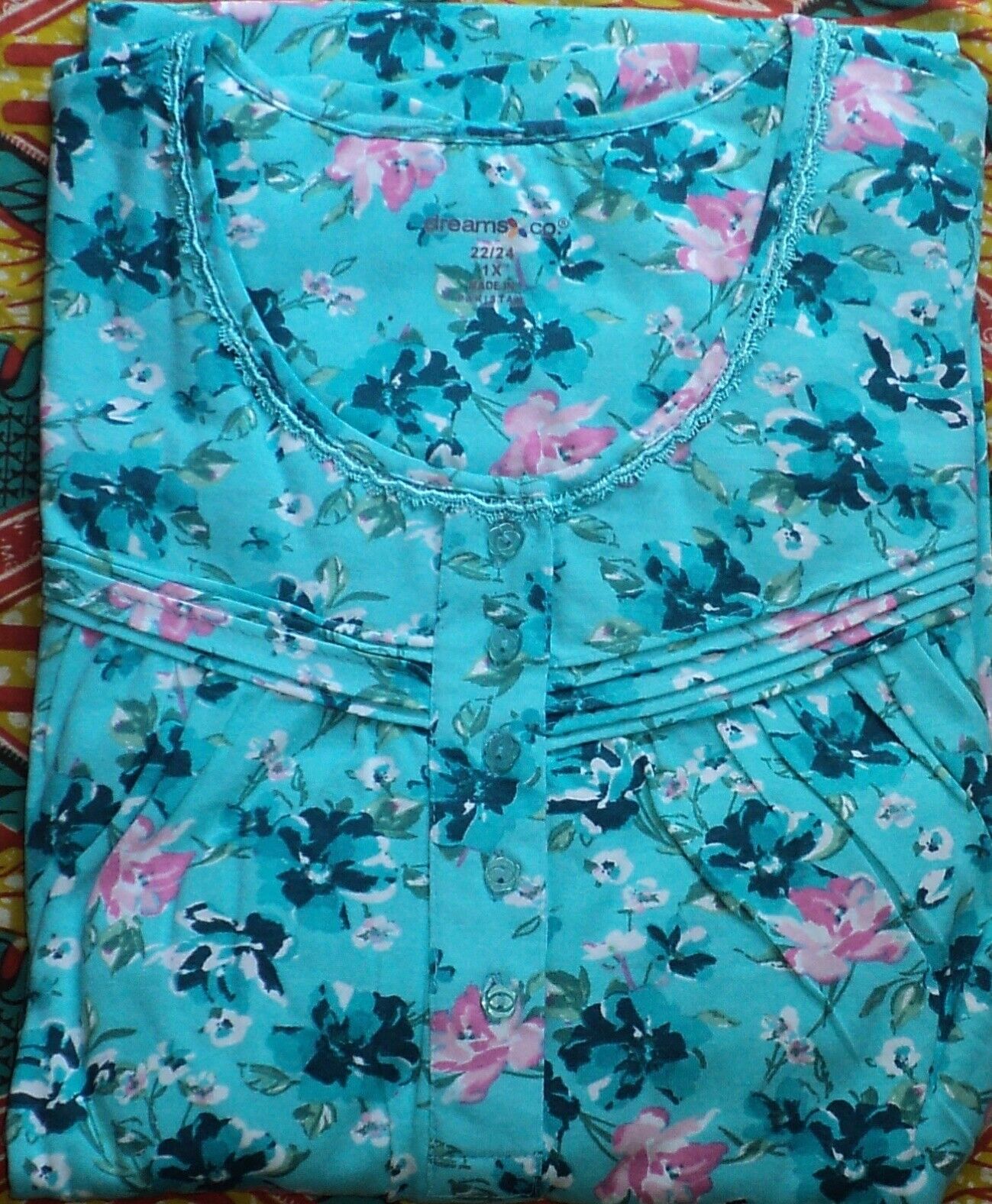 Dreams & Co. Plus Size Caribbean Blue Roses Long Cotton Knit Nightgown Size 3X