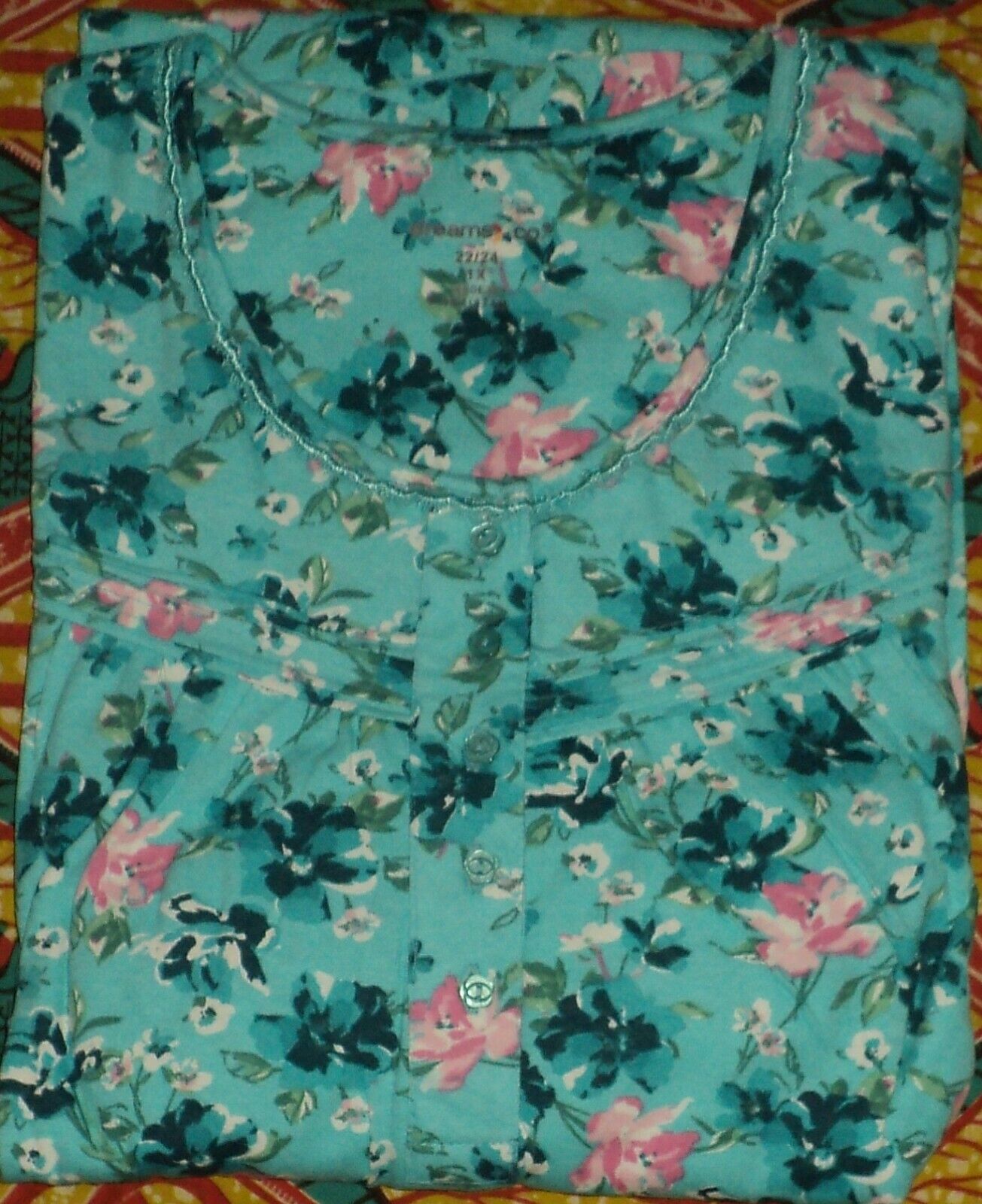 Dreams & Co. Plus Size Caribbean Blue Roses Long Cotton Knit Nightgown Size 3X