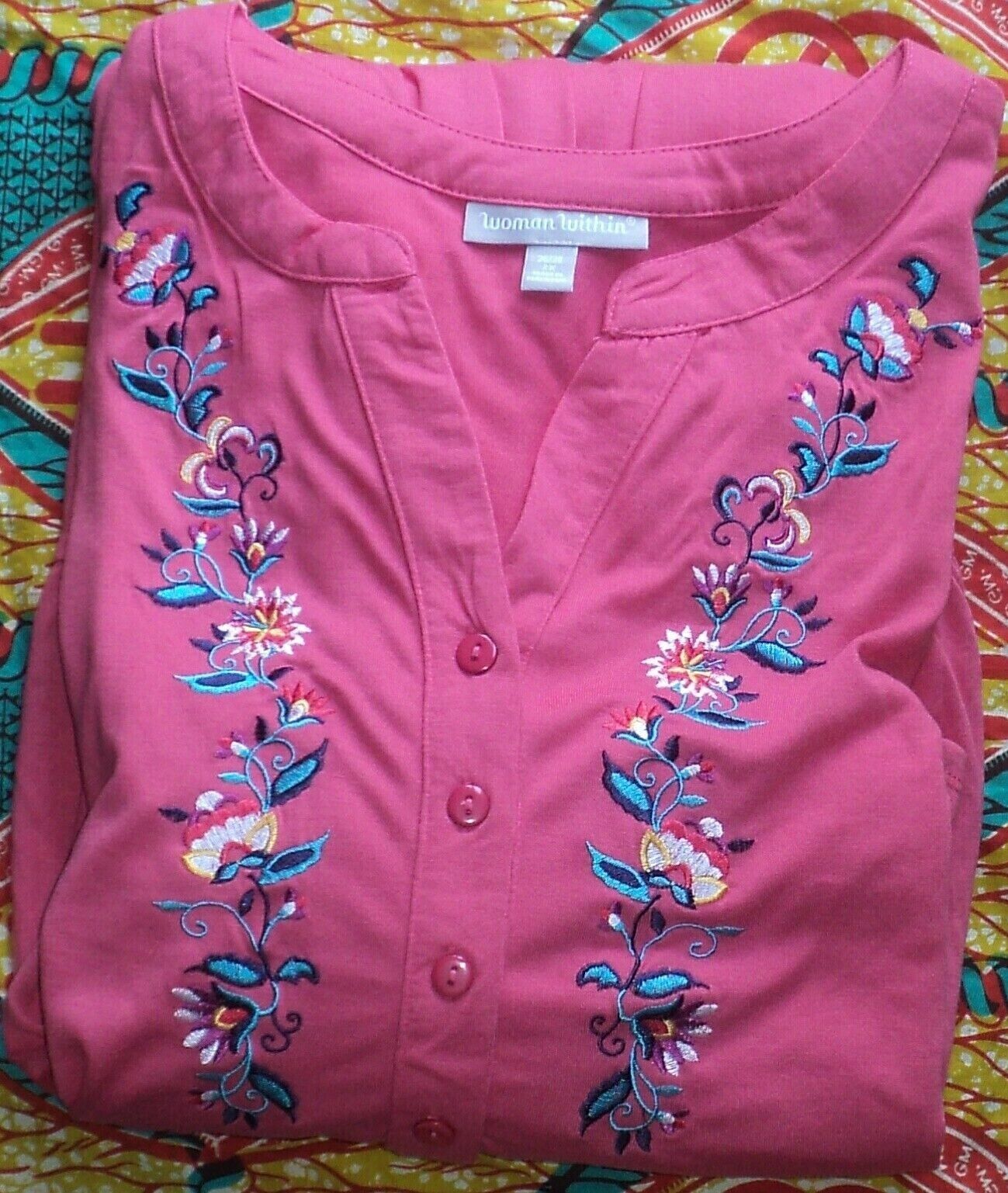 Woman Within Plus Size Rose Pink Embroidered Front Tiered Henley Dress Size 2X