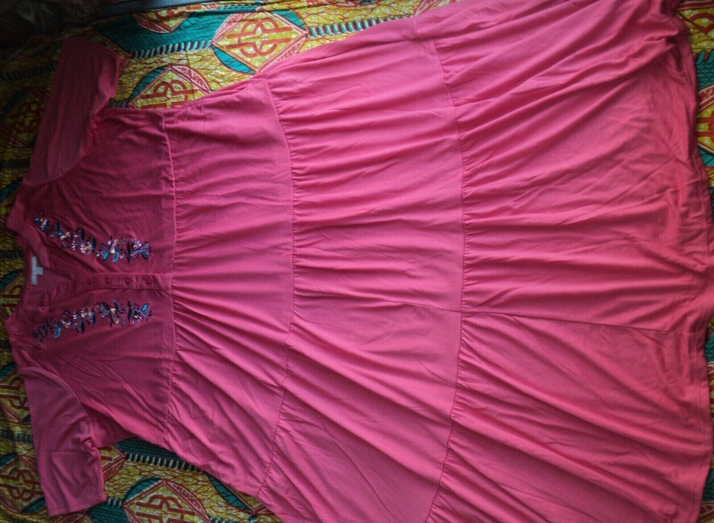 Woman Within Plus Size Rose Pink Embroidered Front Tiered Henley Dress Size 2X