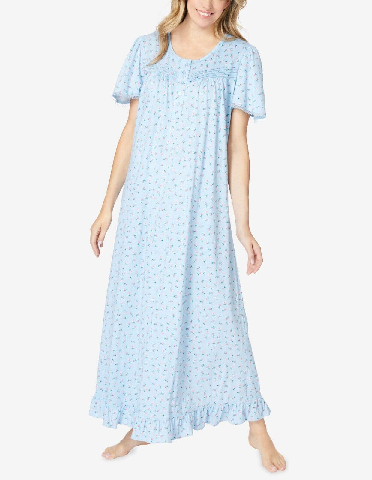 Dreams & Co. Plus Size Petite Sky Blue Ditsy Long Cotton Knit Nightgown Size 1X