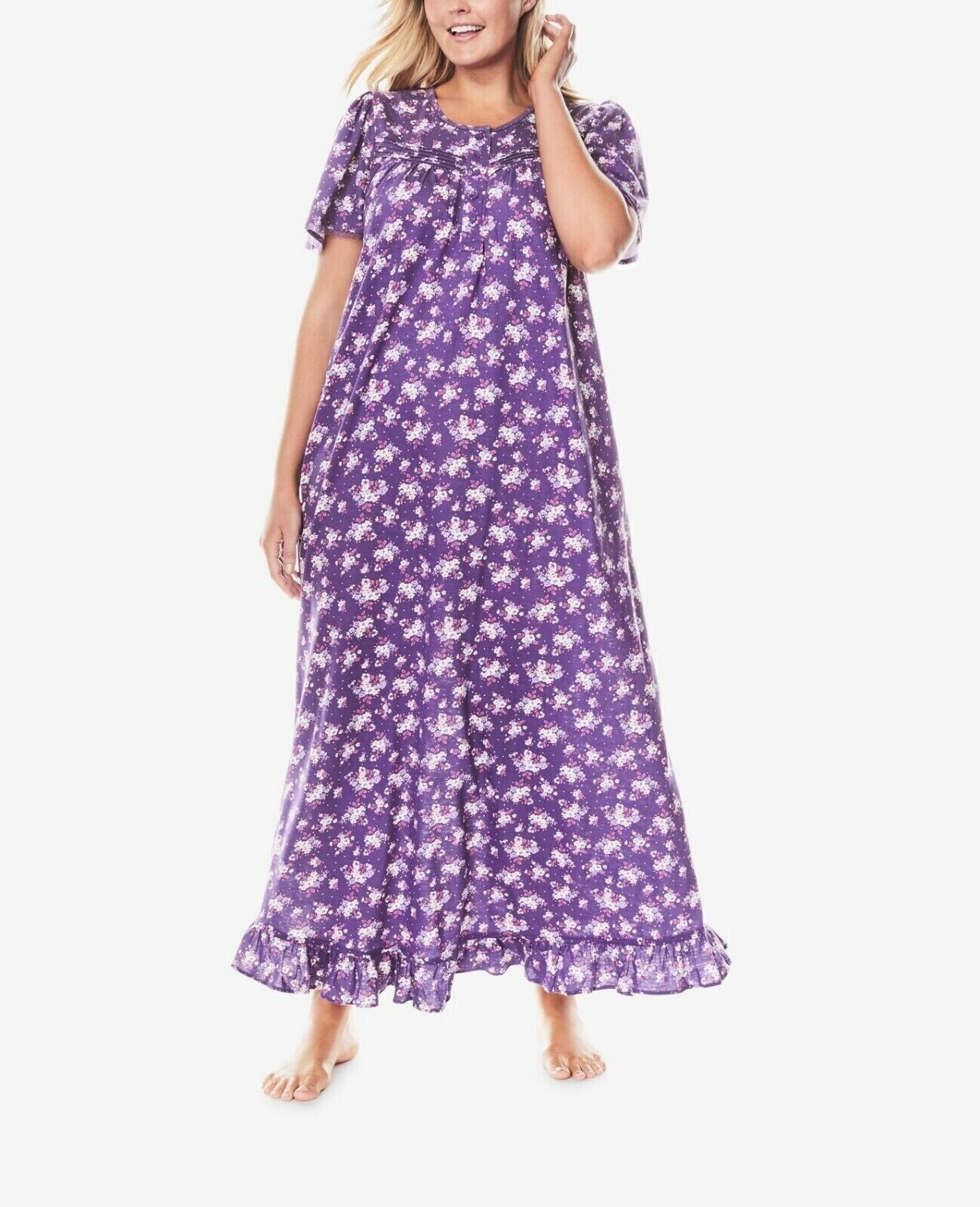 Dreams & Co. Plus Size Petite Sky Blue Ditsy Long Cotton Knit Nightgown Size 1X