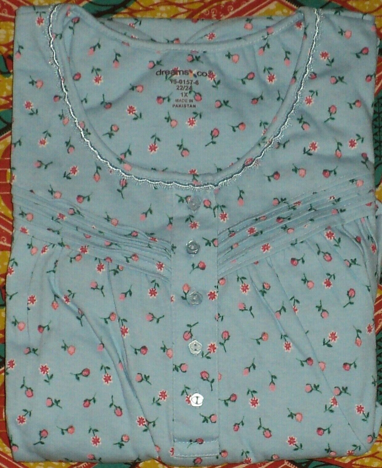 Dreams & Co. Plus Size Petite Sky Blue Ditsy Long Cotton Knit Nightgown Size 1X