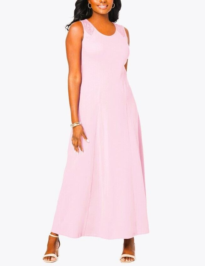 Jessica London Plus Size Pink Sleeveless Crochet Detail Maxi Dress Size 24W