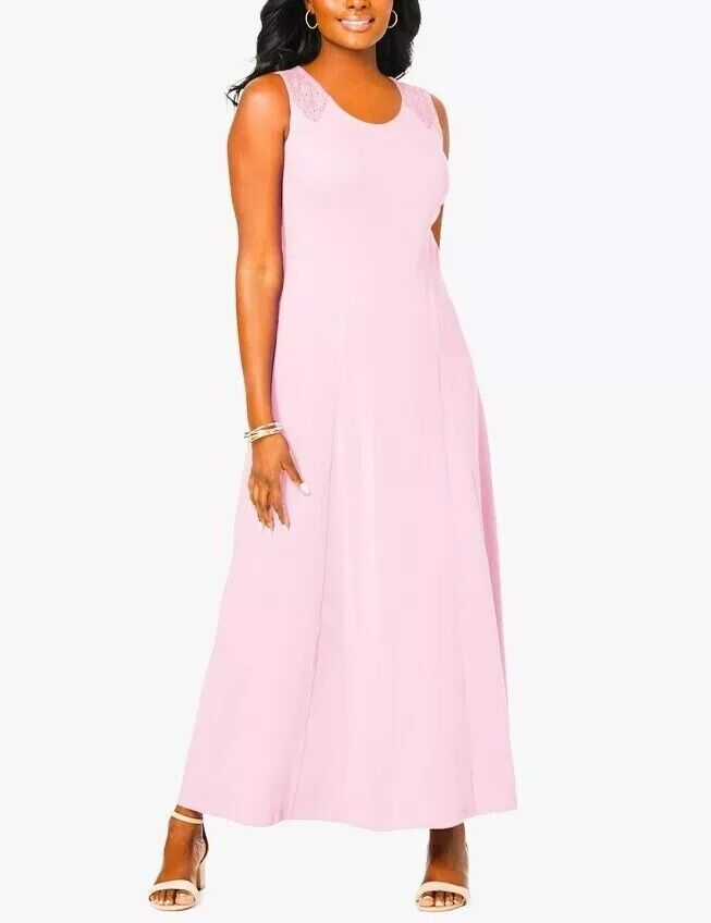 Jessica London Plus Size Pink Sleeveless Crochet Detail Maxi Dress Size 28W