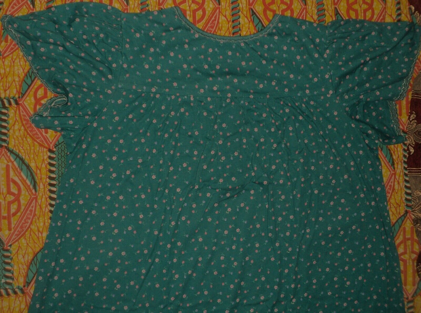 Dreams & Co. Plus Size Petite Deep Teal Ditsy Long Cotton Knit Nightgown Sz L