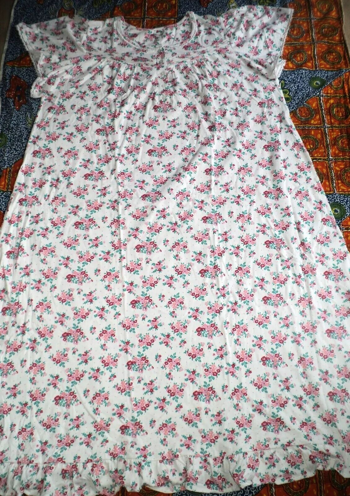 Dreams & Co. Plus Size White Multi Long Cotton Knit Nightgown Size 4X(34/36)
