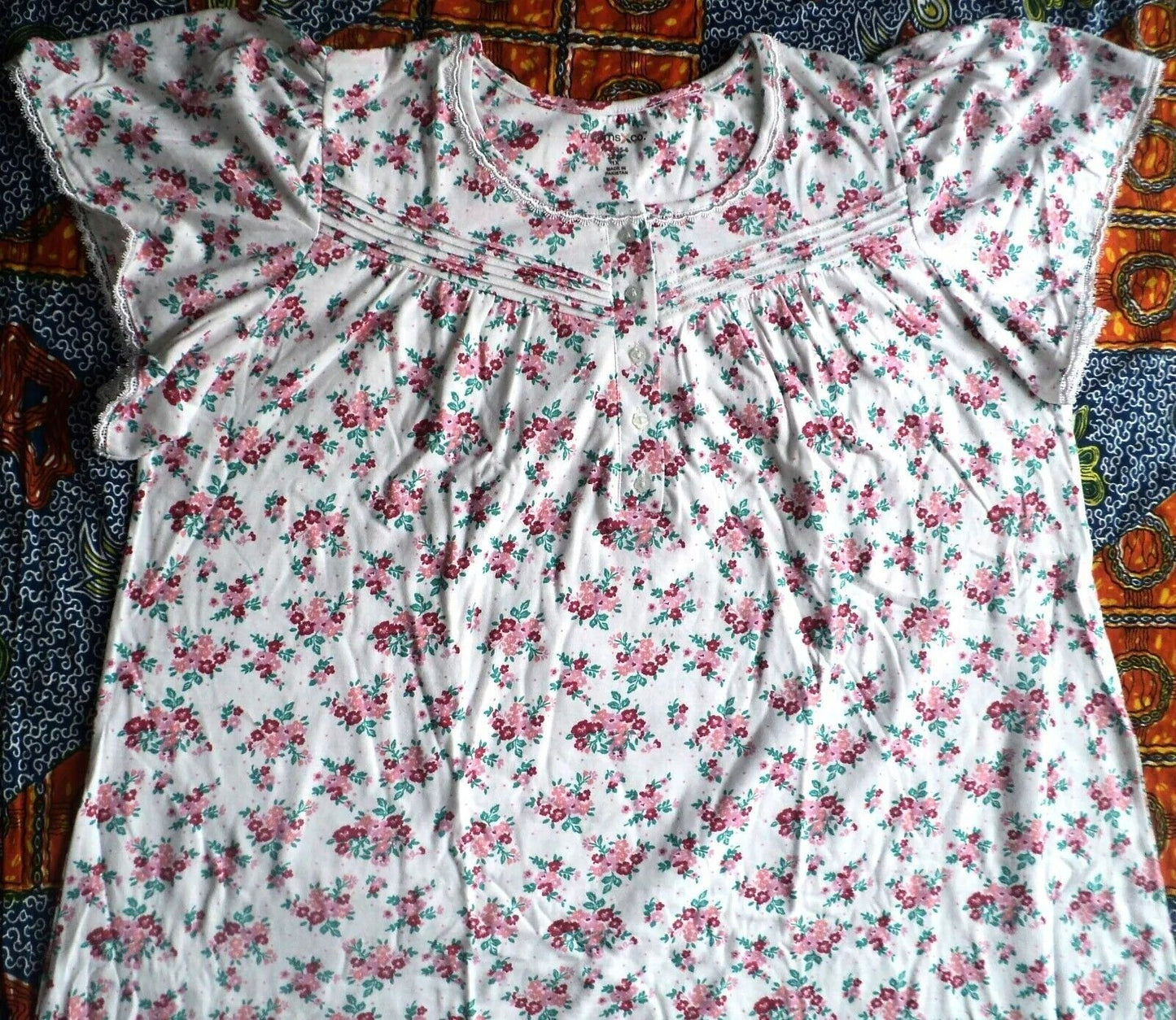 Dreams & Co. Plus Size White Multi Long Cotton Knit Nightgown Size 4X(34/36)