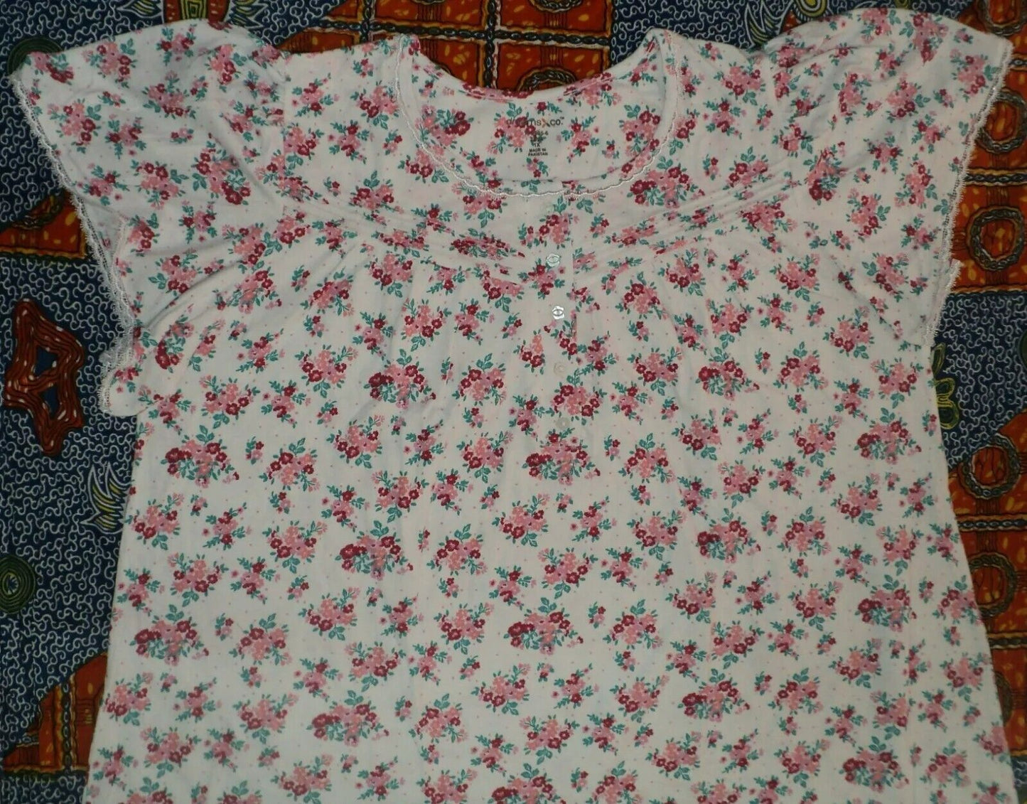 Dreams & Co. Plus Size White Multi Long Cotton Knit Nightgown Size 4X(34/36)