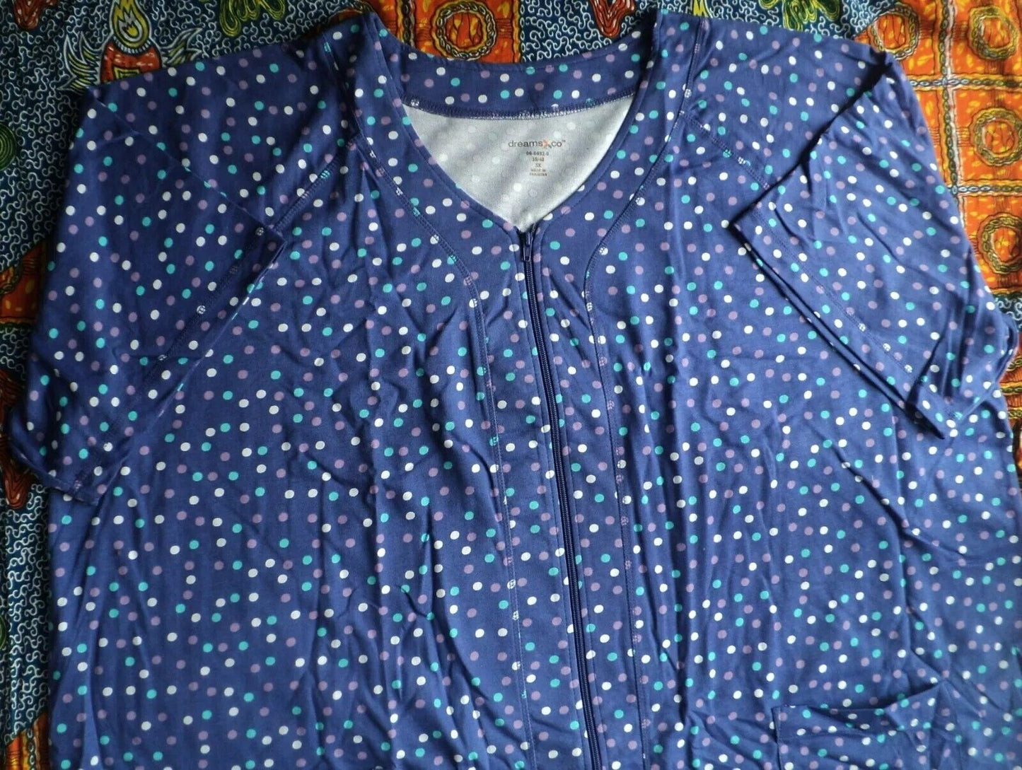 Dreams & Co. Plus Size Ultra Blue Multi Short Sleeves Long Zip-Front Robe Sz L