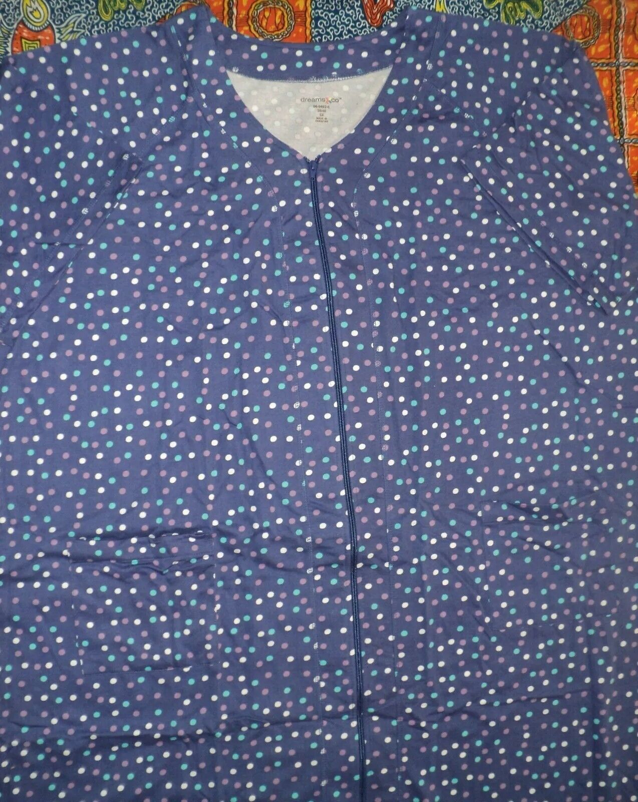 Dreams & Co. Plus Size Ultra Blue Multi Short Sleeves Long Zip-Front Robe Sz L