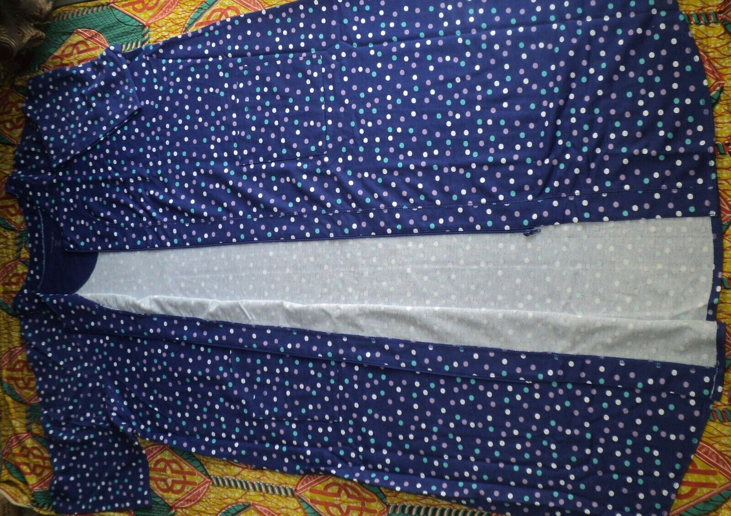 Dreams & Co. Plus Size Ultra Blue Multi Short Sleeves Long Zip-Front Robe Sz L