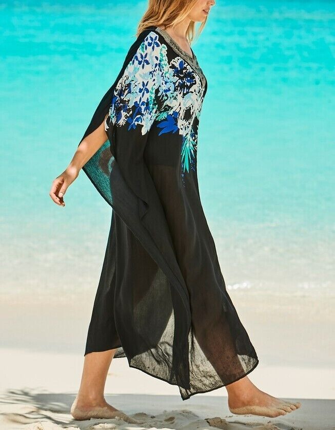Swimsuits For All Plus Size Pink Floral Long Embroidered Caftan Cover Up 30/32