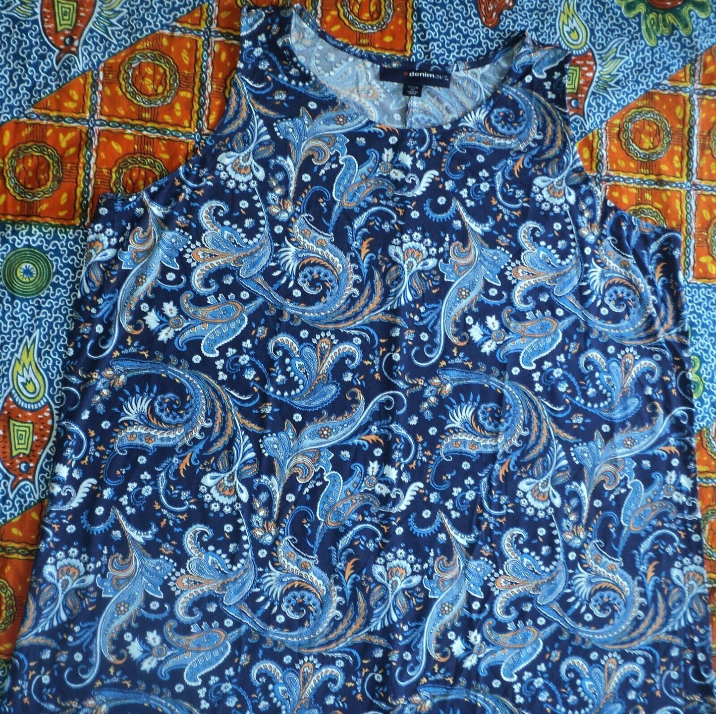 Denim 24/7 Plus Size Petite Navy Folklore Ultra Smooth Print Maxi Dress Size 3X
