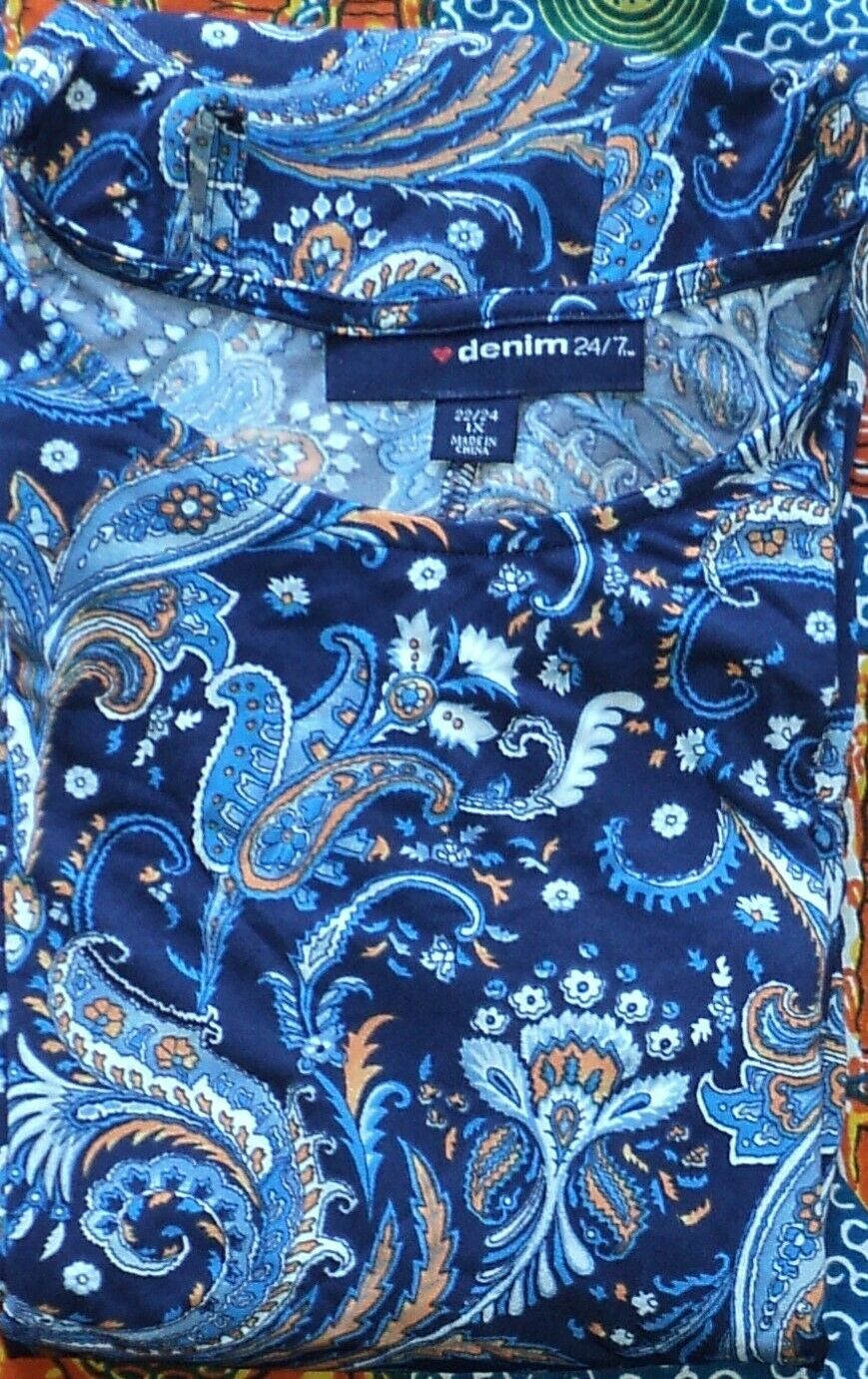Denim 24/7 Plus Size Petite Navy Folklore Ultra Smooth Print Maxi Dress Size 3X