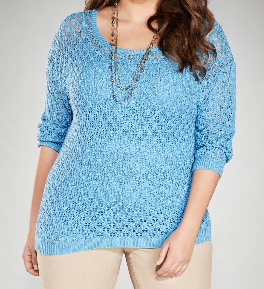 Avenue Plus Size Sky Blue 3/4 Sleeves Crochet Pullover Sweater Size 26/28