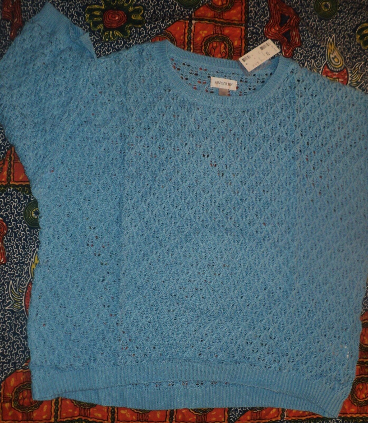 Avenue Plus Size Sky Blue 3/4 Sleeves Crochet Pullover Sweater Size 26/28