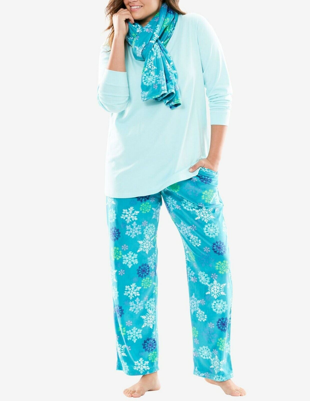 Dreams & Co. Plus Size Multi Snowflakes 3-Piece Pajama Set Size 1X(22/24)