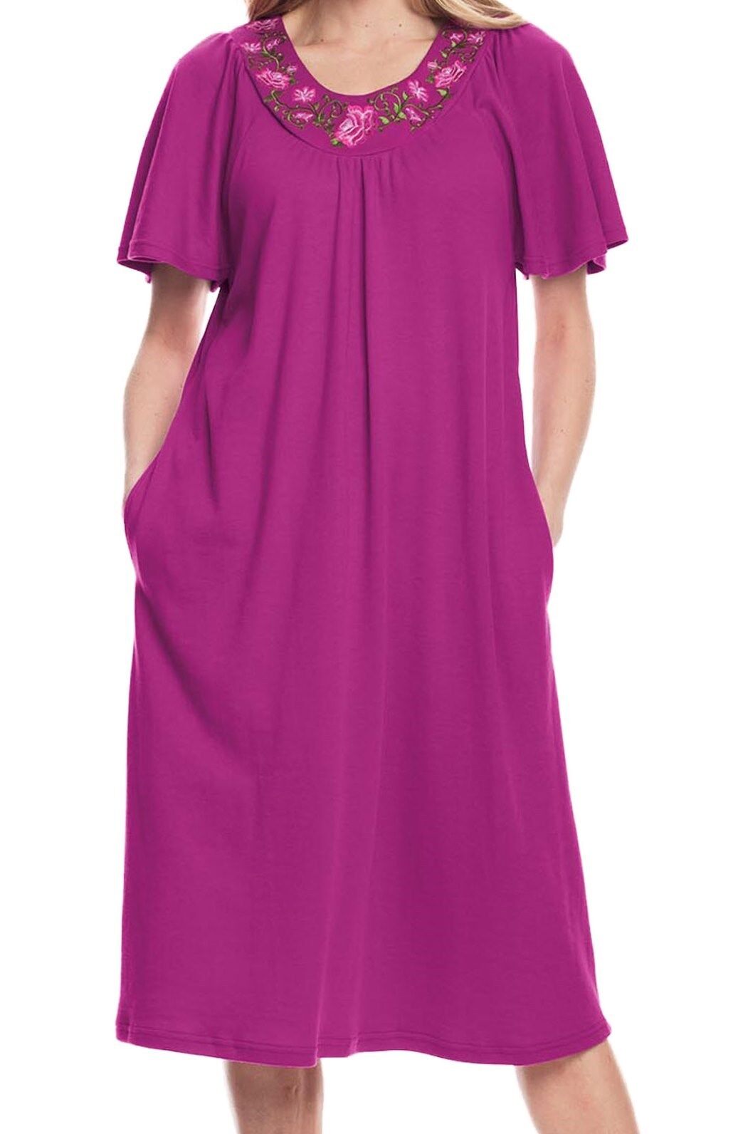 Only Necessities Plus Size Magenta Embroidered Flutter Sleeve Short Lounger 2X