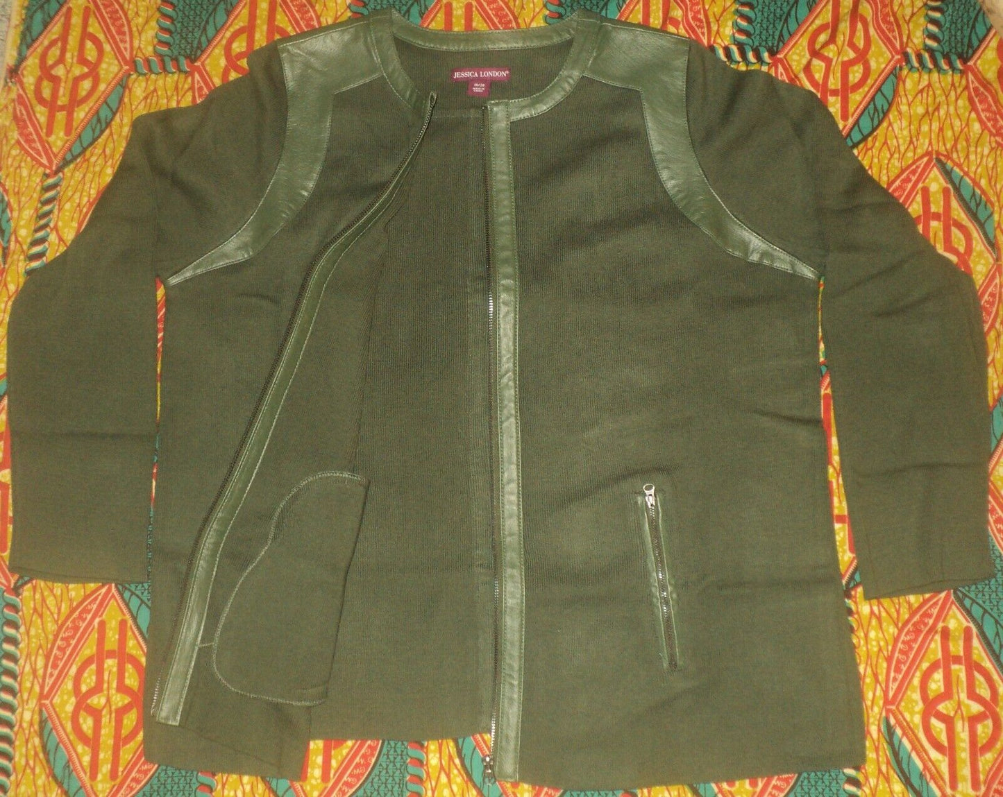 Jessica London Plus Size Forest Green Long Sleeve Leather-Trim Cardigan Sz 30/32