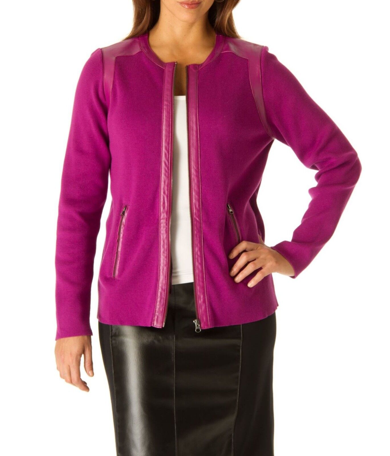 Jessica London Plus Size Forest Green Long Sleeve Leather-Trim Cardigan Sz 30/32