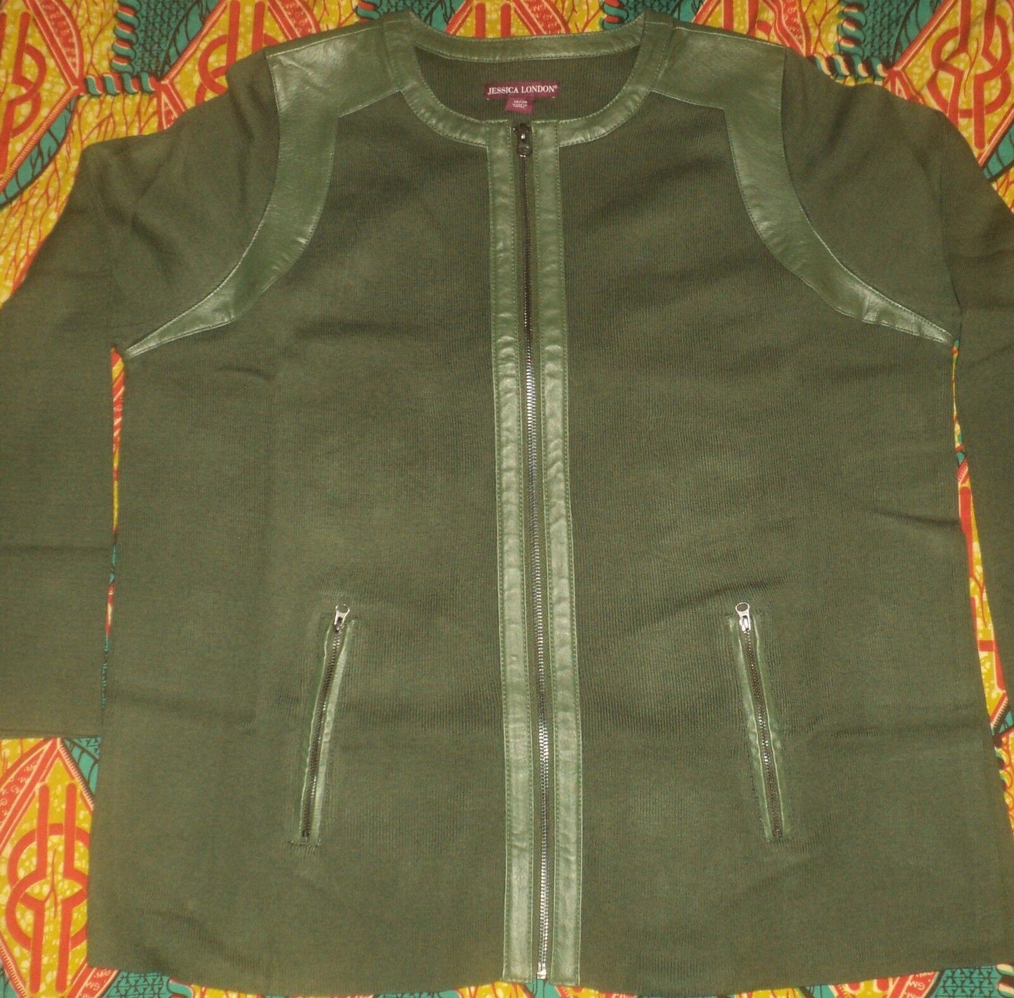 Jessica London Plus Size Forest Green Long Sleeve Leather-Trim Cardigan Sz 30/32