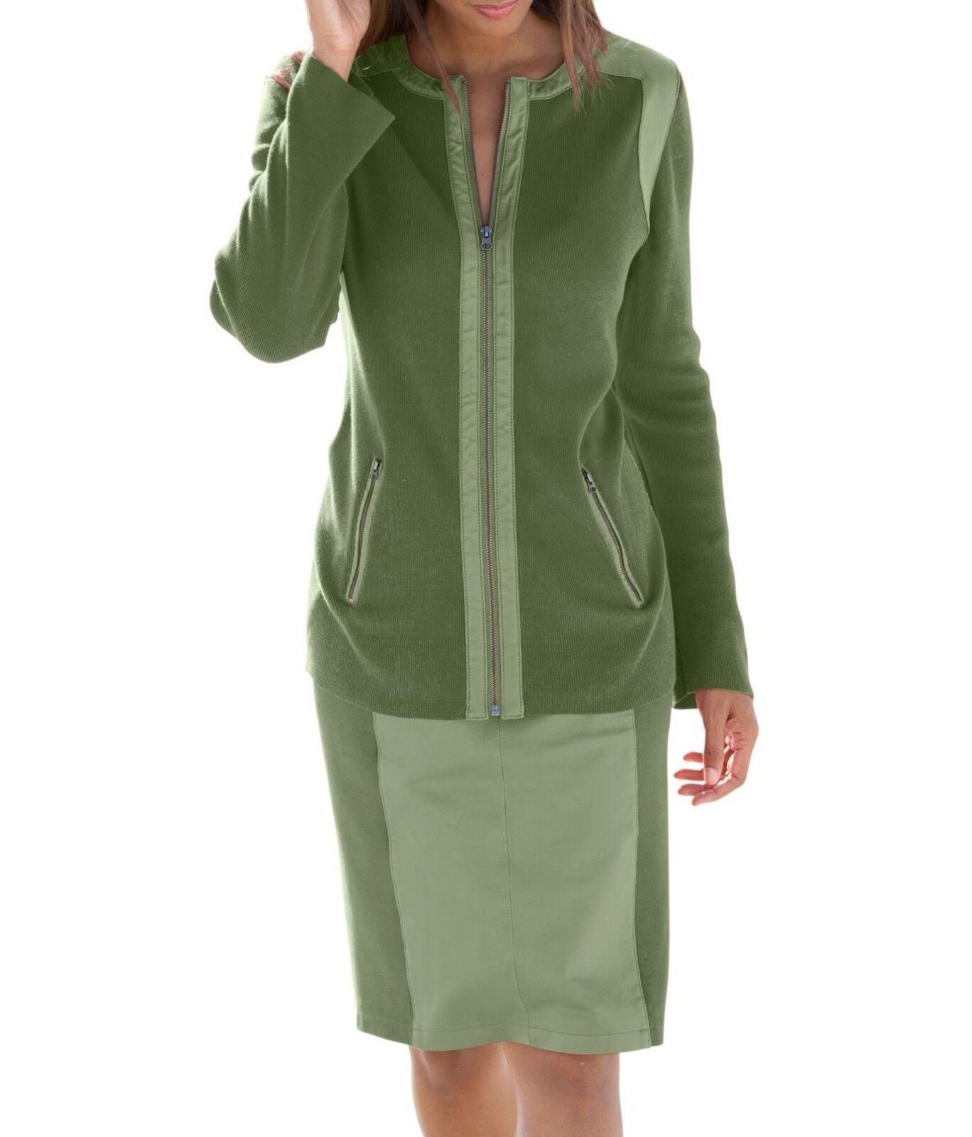 Jessica London Plus Size Forest Green Long Sleeve Leather-Trim Cardigan Sz 14/16