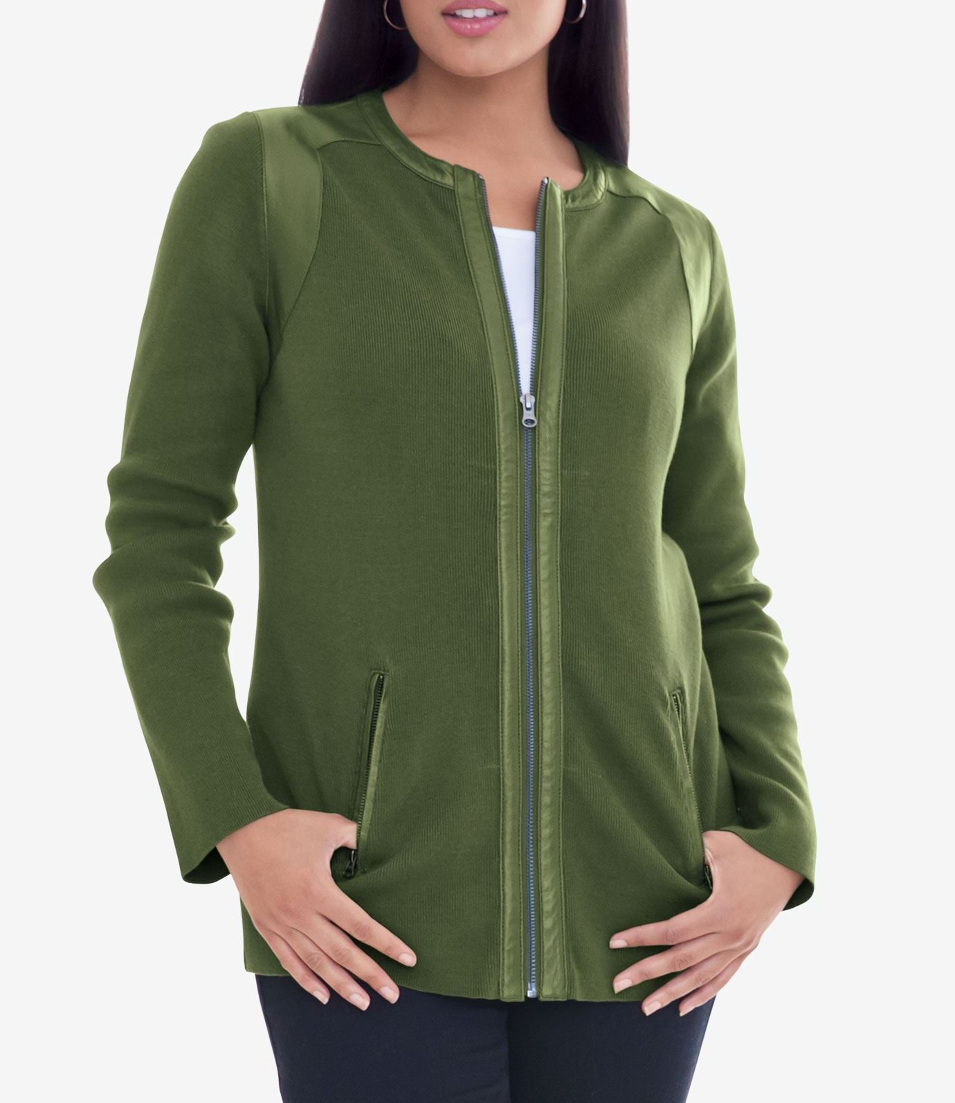 Jessica London Plus Size Forest Green Long Sleeve Leather-Trim Cardigan Sz 18/20