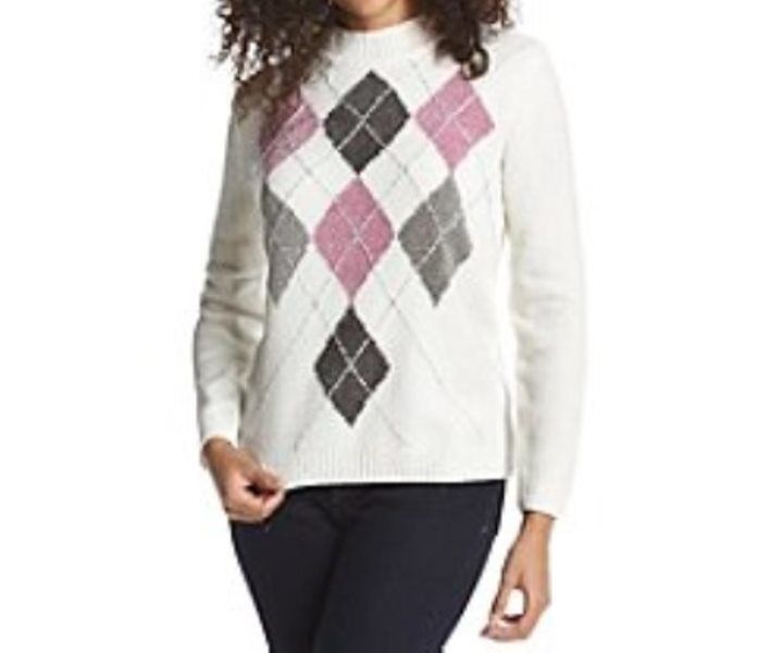 Alfred Dunner Glacier Lake Ivory Long Sleeves Argyle Chenille Sweater Size S