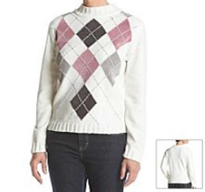 Alfred Dunner Glacier Lake Ivory Long Sleeves Argyle Chenille Sweater Size S