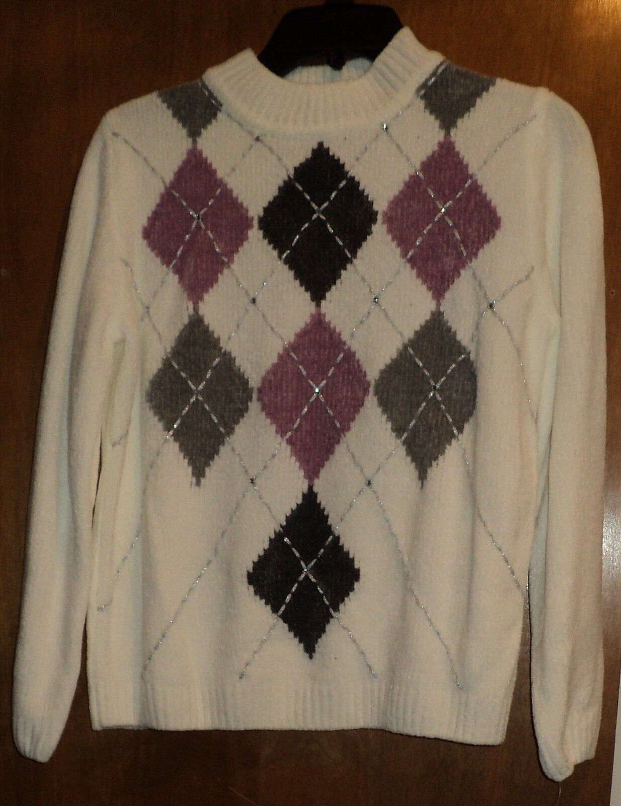 Alfred Dunner Glacier Lake Ivory Long Sleeves Argyle Chenille Sweater Size S