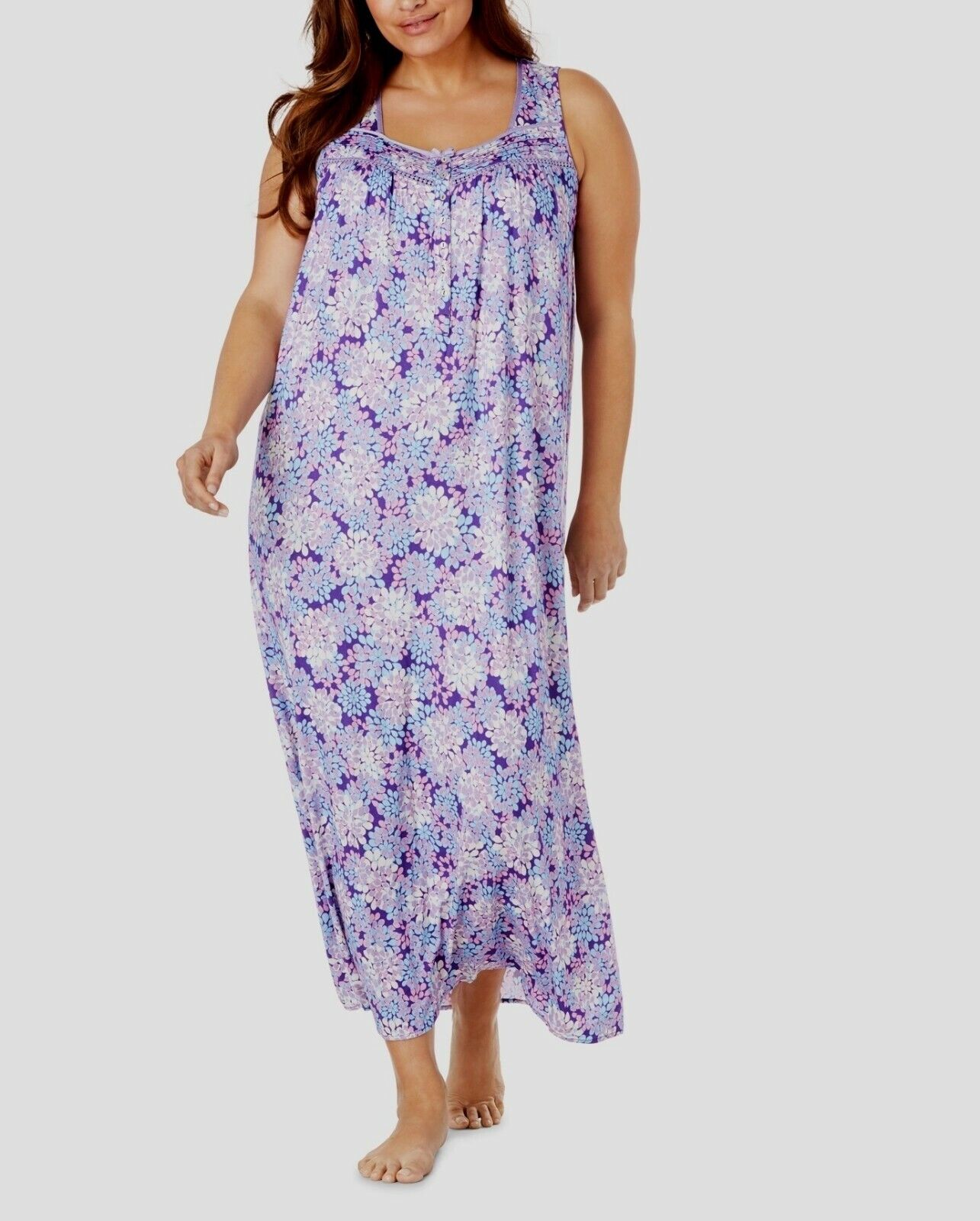 Dreams & Co. Plus Size Plum Burst Petals Sleeveless Long Knit Lounger Size 2X