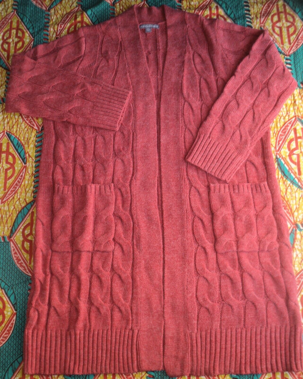 Jessica London Plus Size Pepper Red Cable Duster Sweater Cardigan Size 14/16