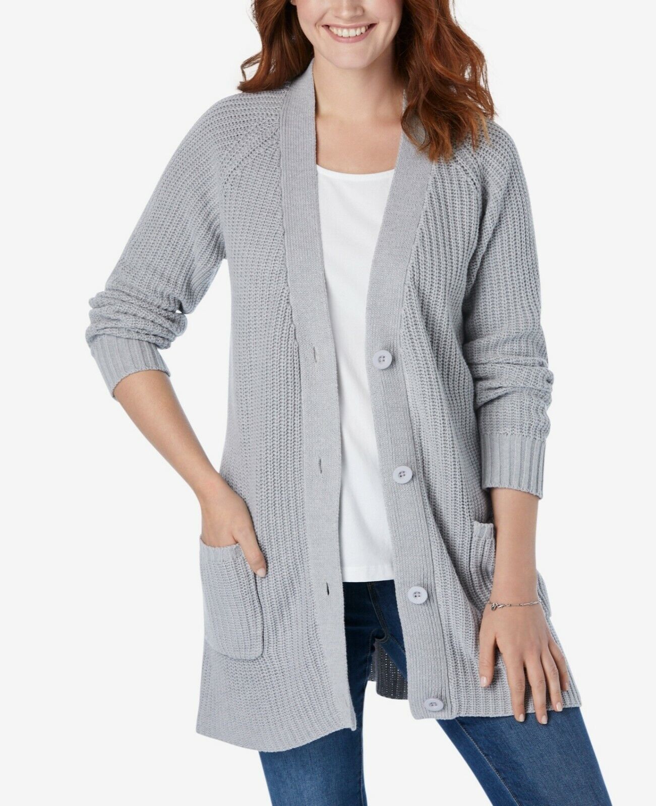 Woman Within Plus Size Heather Grey Long Sleeve Shaker Knit Cardigan Sz 2X-26/28