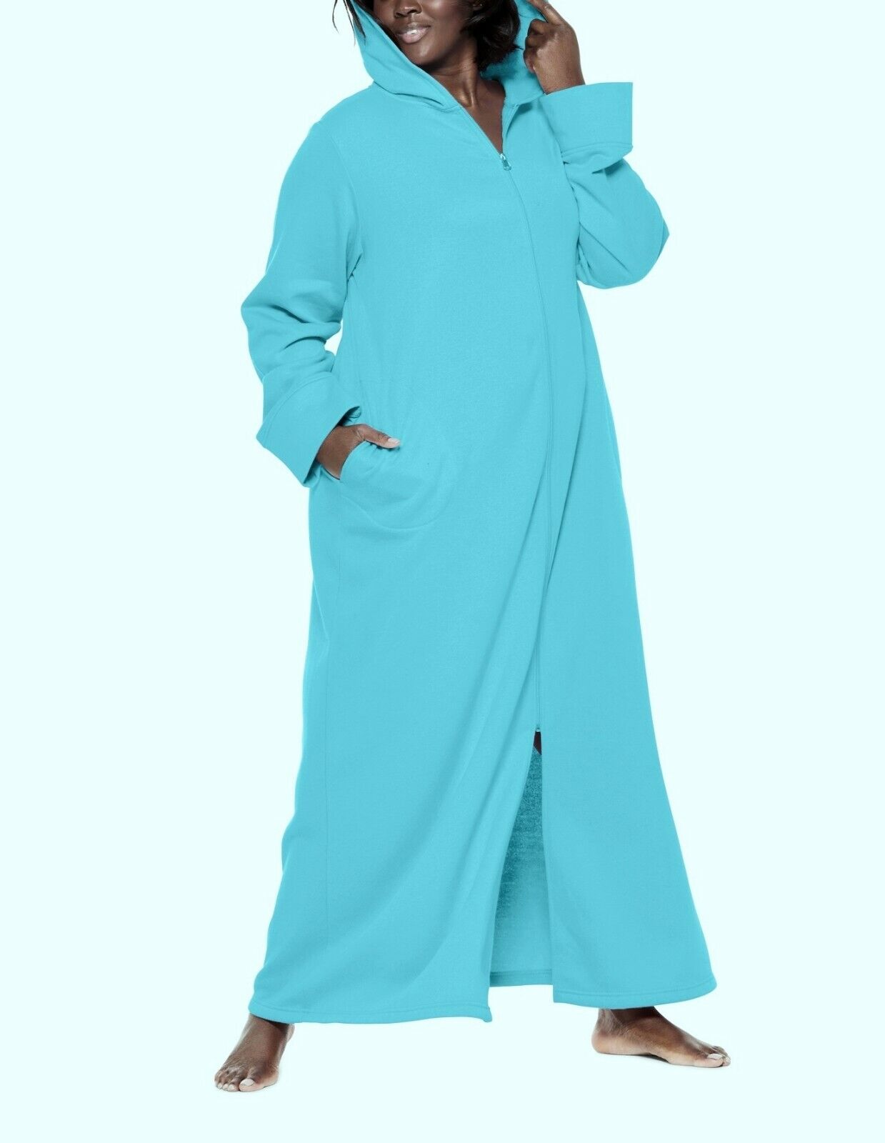 Dreams & Co. Plus Size Caribbean Blue Long Fleece Hoodie Robe Size 1X(22/24)