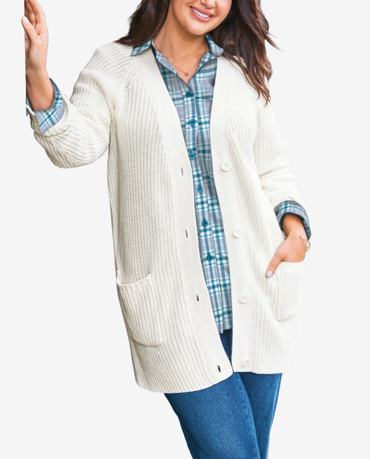 Woman Within Plus Size Ivory Long Sleeves Shaker Knit Cardigan Size 5X(38/40)
