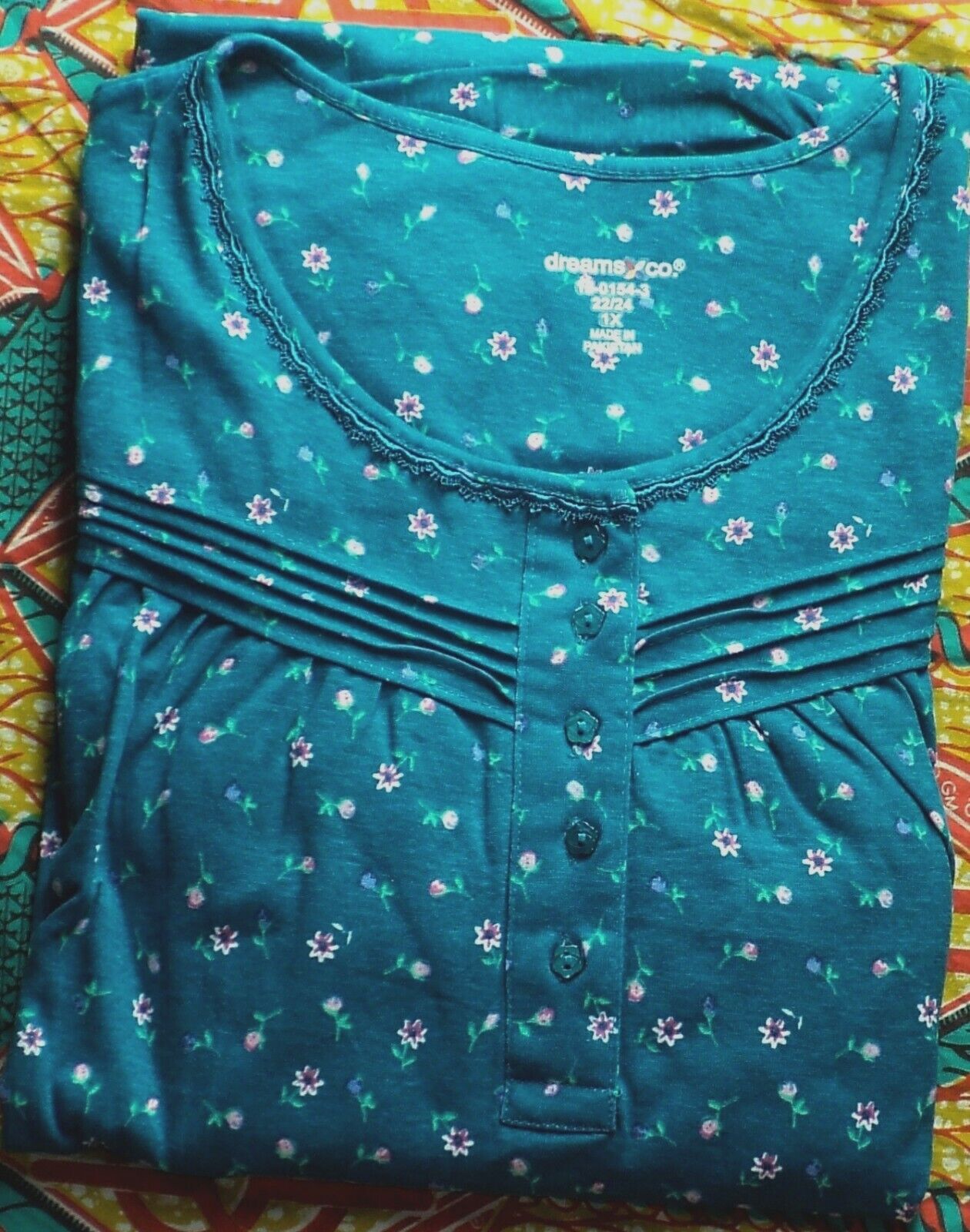 Dreams & Co. Plus Size Petite Deep Teal Ditsy Long Cotton Knit Nightgown Sz 5X