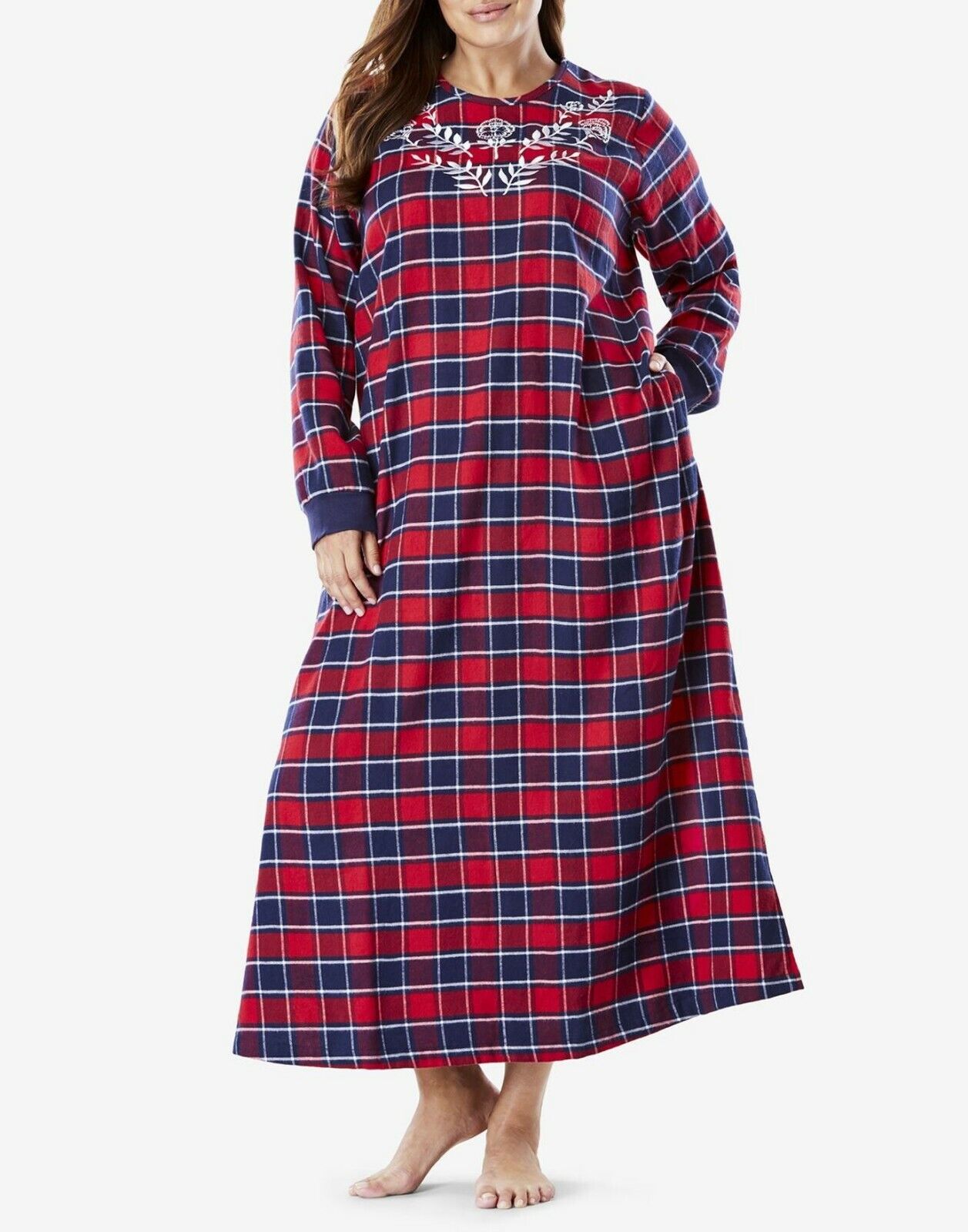 Dreams & Co. Plus Size Navy Plaid Embroidered Cotton Flannel Lounger Sz 1X-22/24