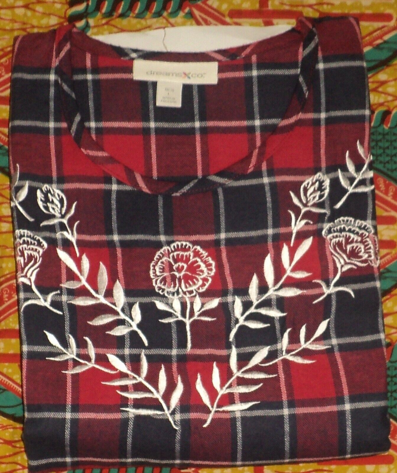 Dreams & Co. Plus Size Navy Plaid Embroidered Cotton Flannel Lounger Sz 1X-22/24