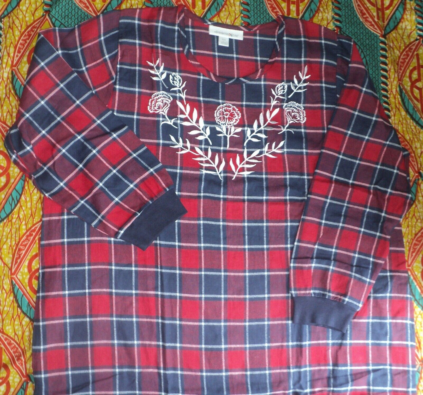 Dreams & Co. Plus Size Navy Plaid Embroidered Cotton Flannel Lounger Sz 1X-22/24
