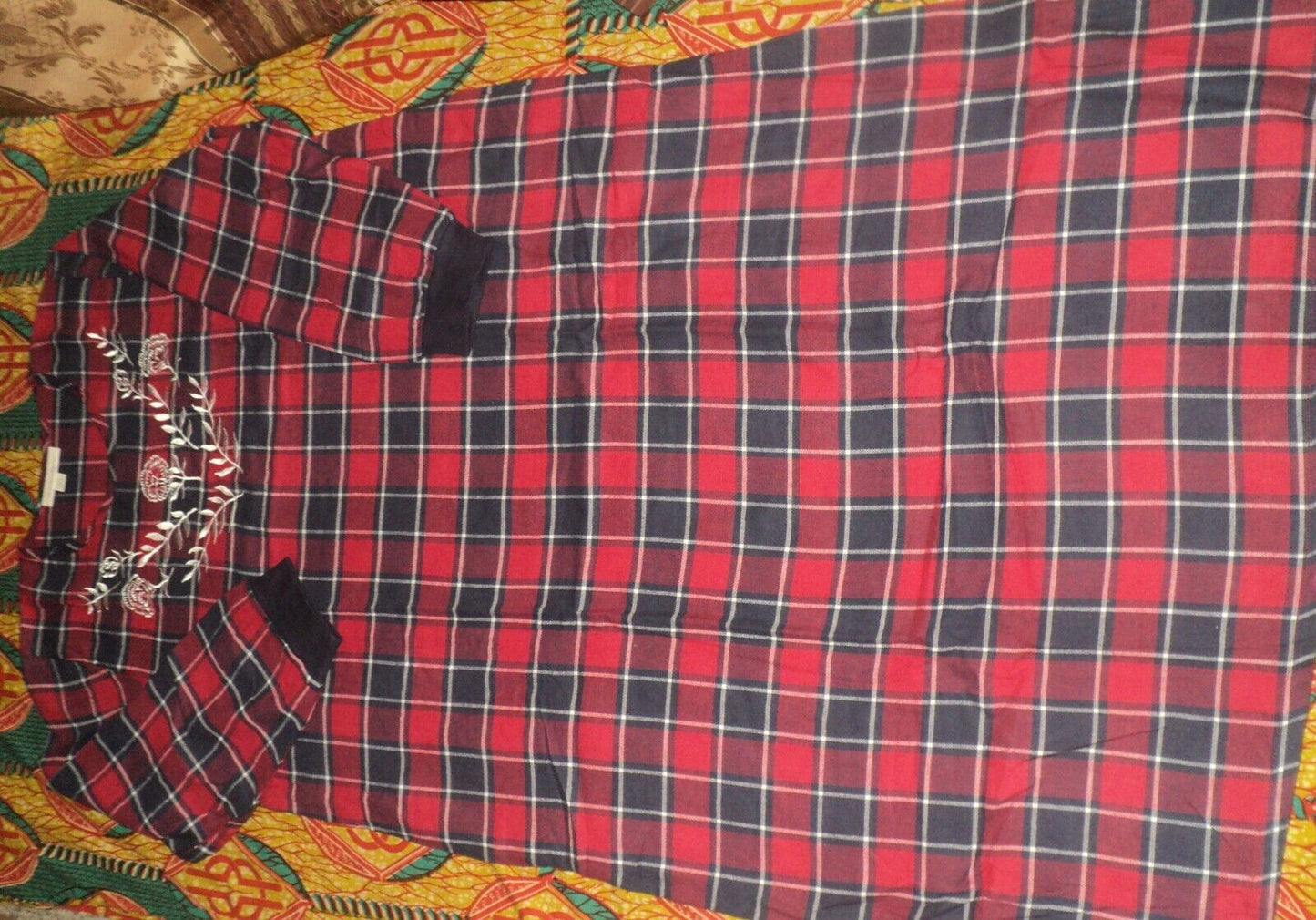 Dreams & Co. Plus Size Navy Plaid Embroidered Cotton Flannel Lounger Sz 1X-22/24