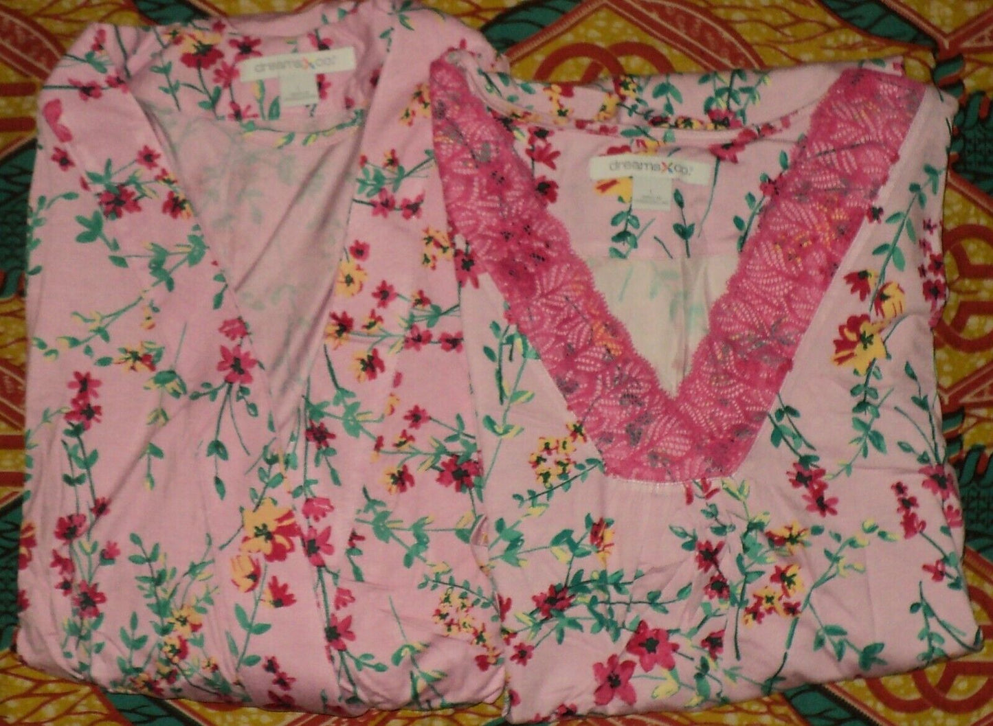 Dreams & Co. Plus Size Pink Flower Vine Knit Gown & Robe Set Size 3X(30/32)